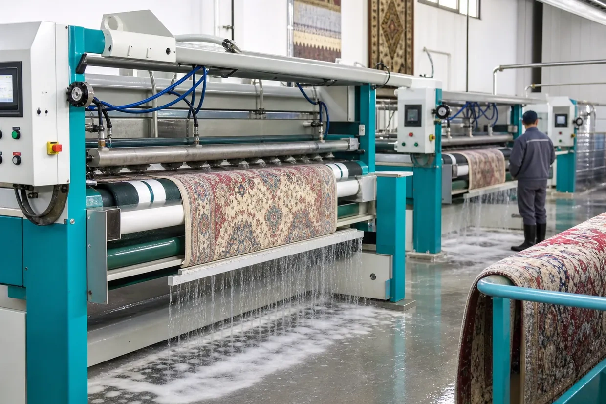 Halı yıkama fabrikasında otomatik yıkama makineleri